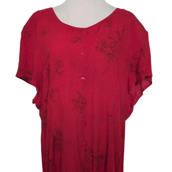 Vintage Sunshine Starshine Floral Rose Maxi Shirt Dress Womens Size 18 Red Rayon - Picture 2 of 11